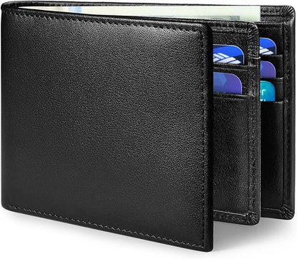 Genuine Leather Mens Wallet, RFID Blocking Bifold Wallet for Men with ID Window, 11 Credit Card Slots (Black)