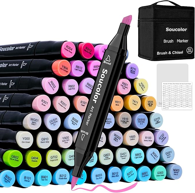 Soucolor 61 Colors Pastel Alcohol Based Markers Set | Professional Dual Tip Art Markers with Brush & Chisel Tips | Includes 1 Blender & Carry Case | For Artists, Adults Coloring, Drawing, Illustration