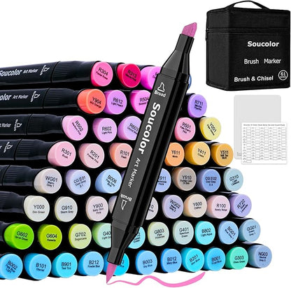 Soucolor 61 Colors Pastel Alcohol Based Markers Set | Professional Dual Tip Art Markers with Brush & Chisel Tips | Includes 1 Blender & Carry Case | For Artists, Adults Coloring, Drawing, Illustration