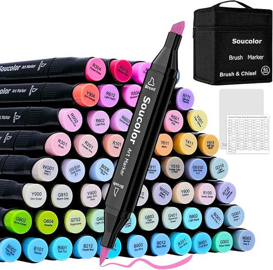 Soucolor 61 Colors Pastel Alcohol Based Markers Set | Professional Dual Tip Art Markers with Brush & Chisel Tips | Includes 1 Blender & Carry Case | For Artists, Adults Coloring, Drawing, Illustration