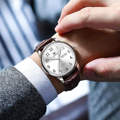Men's Casual Leather Watch, Easy to Read Three-Hand Analog Stainless Steel Watches for Men, Minimalist Day Date Waterproof Luminous Mens Quartz Wristwatch