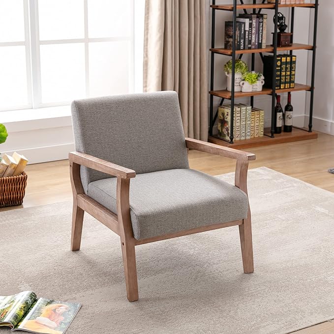 Mid Century Modern Accent Chair Set of 2, Linen Upholstered Living Room Accent Armchair with Wood Frame, Farmhouse Chair for Living Room Bedroom, Gray