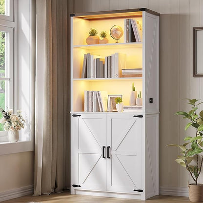 HWB Bookshelf and Bookcase with Doors, Farmhouse 5 Tier Book Shelves with Storage Cabinet, Floor Standing Bookcases with 3-Color Lights for Home Office, Living Room, Bedroom, White