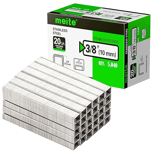meite 20 Gauge 304 Stainless Steel Upholstery Staples, 1/2-Inch Crown with 3/8-Inch Leg Length, Heavy Duty Staples for Construction, Furniture, Crafts & DIY Projects (10 Boxes)