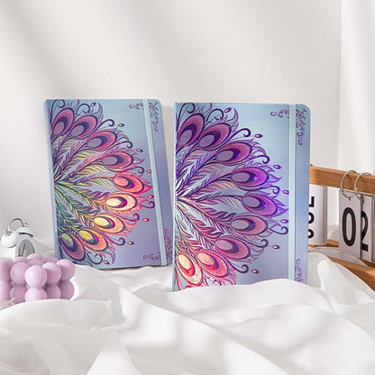 TIEFOSSI A5 Journal Notebook-College Lined Ruled Hardcover Journals for Writing Women-100gsm Thick Paper 224 Numbered Pages-Peacock Feather Embossed Journal-Daily Journal for Writing