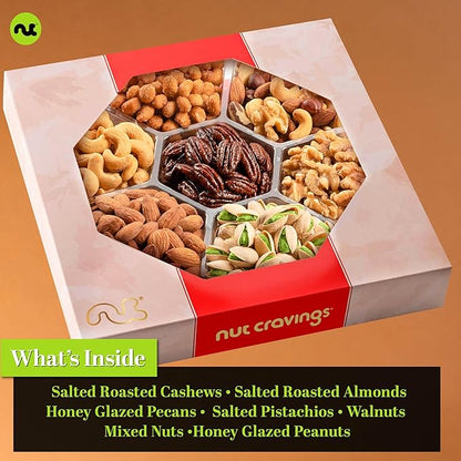 NUT CRAVINGS - Thanksgiving Mixed Nuts Gift Basket in Red Gold Box (7 Assortments, 2 LB) Holiday Xmas Christmas Food Arrangement, Healthy Snack Care Package, Food Assortments