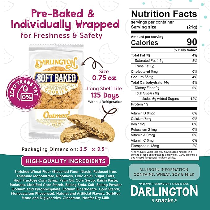 Darlington Snacks Individually Wrapped Oatmeal Cookies Soft Baked, 100% Nut Free Soft Baked Cookies Oatmeal, Made in USA, 0.75 Oz, 216 Count