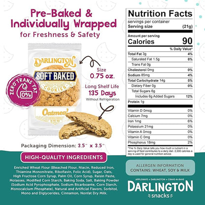 Darlington Snacks Individually Wrapped Oatmeal Cookies Soft Baked, 100% Nut Free Soft Baked Cookies Oatmeal, Made in USA, 0.75 Oz, 216 Count