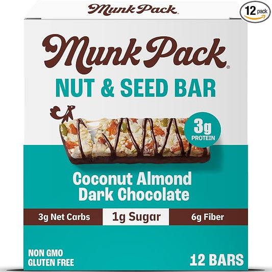 Munk Pack Coconut Almond Dark Chocolate Nut & Seed Snack Bars Stocking Stuffers | 3g Protein, 1g Sugar, 3g Net Carbs | Keto Friendly, Plant-Based, Low Sugar, Gluten-Free Snacks | 12 Count (4.92 oz)