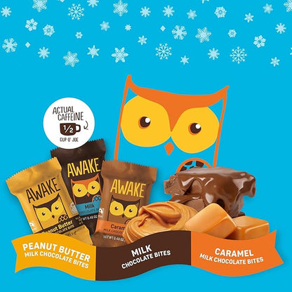 AWAKE - Caffeinated Chocolate Bites - 50mg Caffeine per bite - Winter Wake Up Variety Pack (3 Flavors), 50 Bites - Peanut Butter, Milk, & Caramel - Energy Bites - Coffee Alternative - Fairtrade, Gluten Free, Non GMO - 0.48oz each