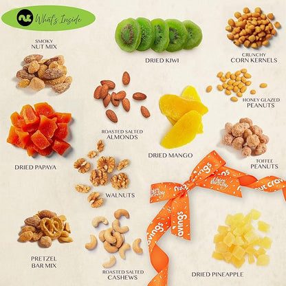 NUT CRAVINGS Gourmet Collection - Happy Birthday Treats, Dried Fruit & Mixed Nuts Gift Basket with Bday Ribbon in Reusable Wooden Tray (12 Assortments) Food Arrangement, Healthy Snack Food Assortments