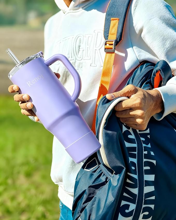 Renoj Tumbler with Handle 100% Leak Proof Insulated Water Bottle for Iced Coffee & Hot Drinks - Fits Car Cup Holder, Ideal Gift, 2 Straws & Silicone Boot BPA-Free - SnapShift Blue 32 oz
