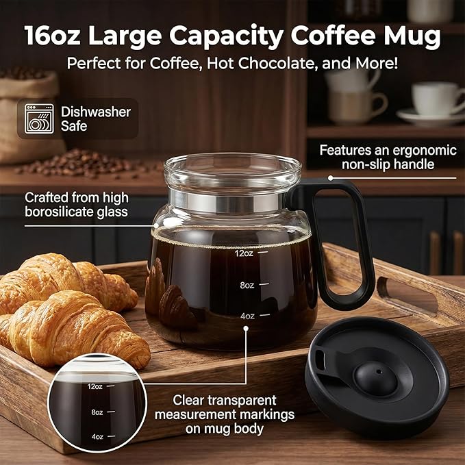 Coffee Pot Mug with Lid,16 Oz Glass Mini Coffee Cup | Spill Proof Heatproof Large Capacity Clear Travel Mug & Novelty Gift for Coffee Lovers & Office Desk (Coffee Pot-2 PCS)