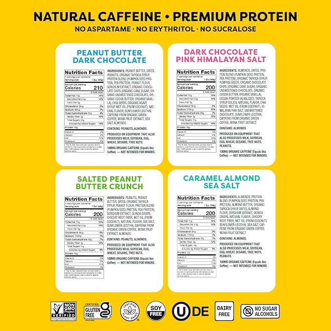 Quantum Energy Square: Energy Bar with Caffeine & 10g Protein. Delicious Healthy Snack On The Go. (Vegan, Gluten-free, Soy-free, Dairy-free) (Variety 8-Pack)