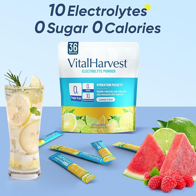 VitalHarvest 36 Sticks Electrolytes Powder Packets Sugar Free Hydration Packets Electrolyte Liquid Daily IV Drink Mix with Lemon Lime, Low Sodium, 0 Calorie