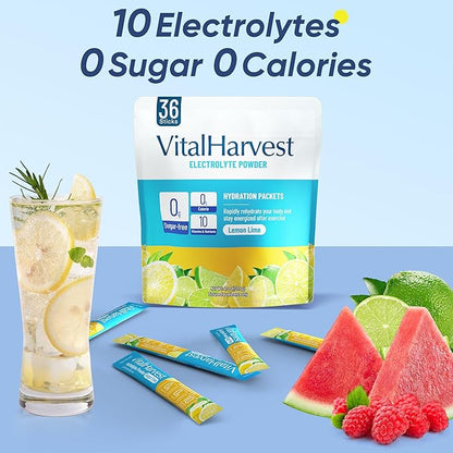 VitalHarvest 36 Sticks Electrolytes Powder Packets Sugar Free Hydration Packets Electrolyte Liquid Daily IV Drink Mix with Lemon Lime, Low Sodium, 0 Calorie