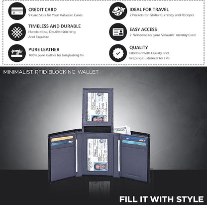 Real Leather Mens Trifold Wallet RFID Blocking Slim Minimalist Front Pocket - Thin & Stylish with ID Window in Gift Box