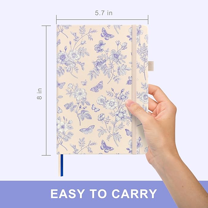 A5 Hardcover Bullet Dotted Journal, 160 Pages 100 gsm Thick Paper, 3 Sheets of Stickers Included - 5.7'' x 8'' (Blue Flowers)