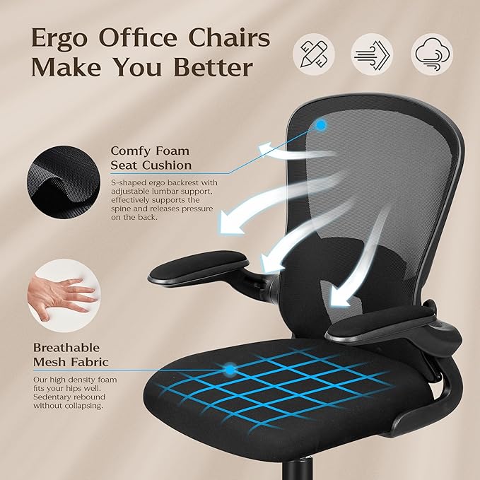 FelixKing Office Desk Chairs, Ergonomic PC Desk Chair with Wheels, Adjustable Lumbar Support and Height, Swivel Computer Chair with Flip-up Armrests, Ergo Mesh Backrest for Working (Black, Pack of 8)