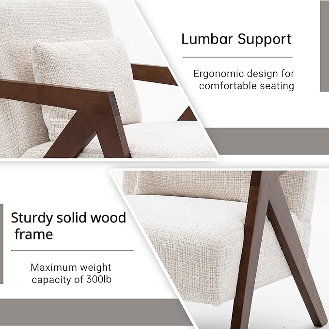 Mid Century Modern Accent Chair with Solid Wood Frame，Upholstered Chenille Living Room Arm Chairs with Pillow for Bedroom, Living Room, Reading Room, Balcony (2, Beige)
