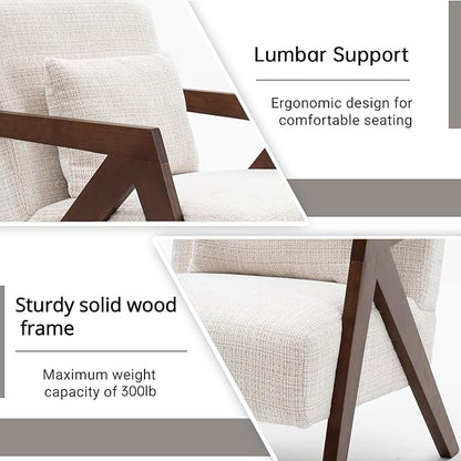 Mid Century Modern Accent Chair with Solid Wood Frame，Upholstered Chenille Living Room Arm Chairs with Pillow for Bedroom, Living Room, Reading Room, Balcony (2, Beige)