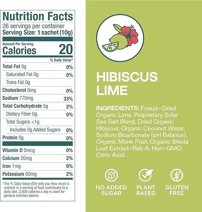 Organic Hibiscus Lime Hydration Powder Packets with Solar Sea Salts & Organic Freeze-Dried Fruit for Instant Hydration, No Added Sugar Electrolytes, 26 Packets