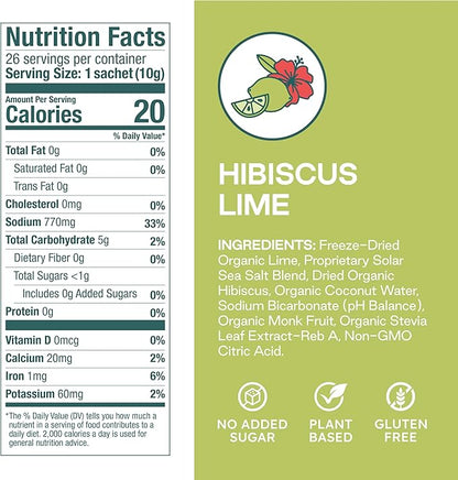 Organic Hibiscus Lime Hydration Powder Packets with Solar Sea Salts & Organic Freeze-Dried Fruit for Instant Hydration, No Added Sugar Electrolytes, 26 Packets