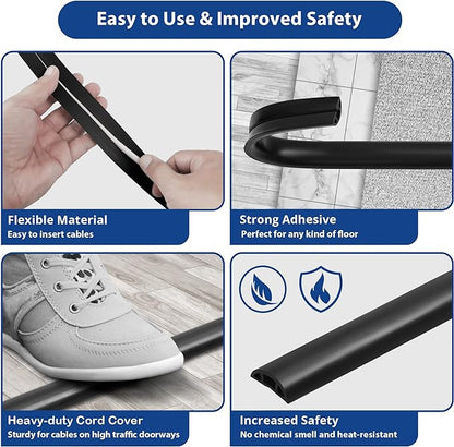 Floor Cord Cover 10ft, Cord Hider Floor Black, Floor Cable Management Prevent Cable Trips, Floor Cable Cover Wire Covers for Electric Power Cords, Cord Protector Cord Cavity W0.47in x H0.28in