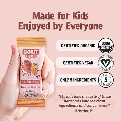 Skout Organic Peanut Butter & Jelly Real Food Bars for Kids (18 Pack) | Organic Snacks for Kids | Plant-Based Nutrition, No Refined Sugar | Vegan | Gluten, Dairy, Grain & Soy Free