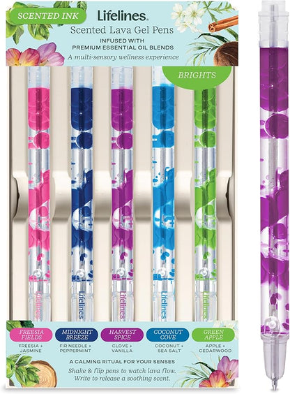 Lifelines Scented Lava Gel Pen Set, 5-Pack (Brights) - 0.5mm Colored Gel Pens Infused with Scented Essential Oil Blends & Mesmerizing Lava - School Supplies for College Kids & Adults