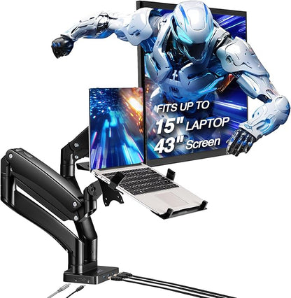 AVLT Dual 17”-43" Monitor Arm Desk Mount with 15" Laptop Tray and USB-C Docking Station, HDMI 4K60Hz, USB-A 5Gbps, Ethernet, 100W PD, Fits Two Flat/Curved Monitor - Black