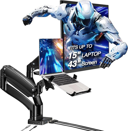 AVLT Dual 17”-43" Monitor Arm Desk Mount with 15" Laptop Tray and USB-C Docking Station, HDMI 4K60Hz, USB-A 5Gbps, Ethernet, 100W PD, Fits Two Flat/Curved Monitor - Black