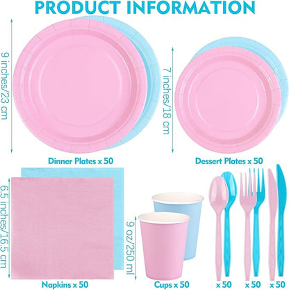 durony 350 Pieces Baby Gender Reveal Party Supplies Light Pink Light Blue Paper Plates Serve 50 Guests Boy or Girl Gender Reveal Plates Napkins Paper Cup Cutlery for 1st Birthday and Baby Shower Decor