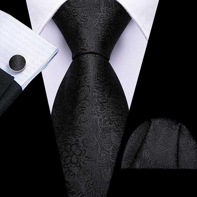 Barry.Wang Tie Sets for Men Silk Solid Necktie Stain Ties Handkerchief Pocket Square Cufflinks Wedding Business Dyed