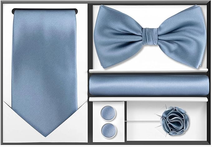 TIE G 5pcs Tie Set in WHITE OR BLACK GIFT BOX: Solid Color Necktie, Satin Bow Tie, Pocket Square, Lapel, Cuff Links