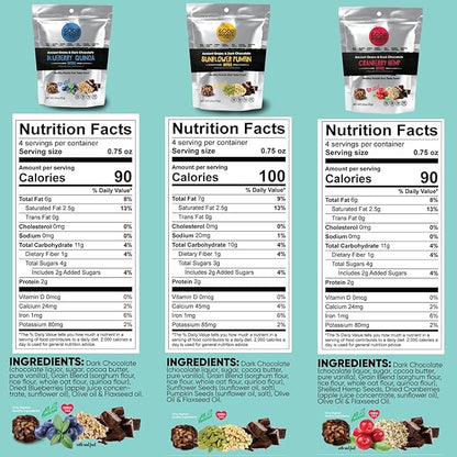 Good Source Snacks Dark Chocolate Bites & Ancient Grains, Sample Variety 3 Pack, 3 oz, Cranberry Hemp, Blueberry Quinoa, Sunflower Pumpkin Seed, Vegan, Gluten Free, Non GMO, Kosher