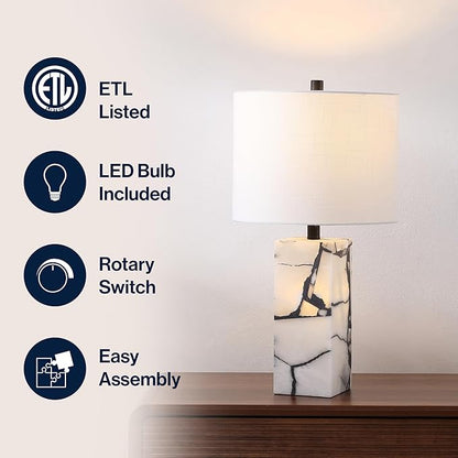 JONATHAN Y JYL8507A Elizabeth 24.25" Contemporary Coastal Alabaster LED Table Lamp with Body Night Light Bedroom, Living Room, Office, Dining Room, Black/White