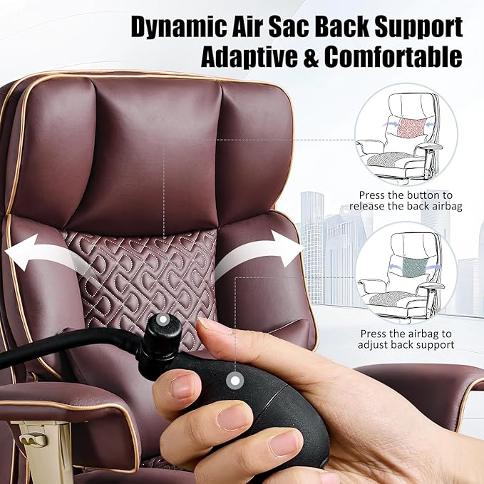 Ergonomic Executive Desk Chair with Adjustable Air Back Support, Luxury PU Leather Office Chair with Lumbar Massage High-Back 3-Level Tilt 360° Swivel Silent Wheels Height Adjustment,Footrest, Brown