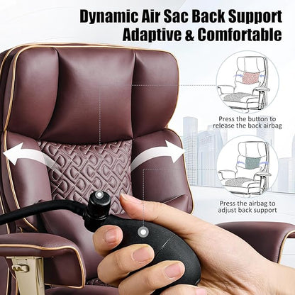 Ergonomic Executive Desk Chair with Adjustable Air Back Support, Luxury PU Leather Office Chair with Lumbar Massage High-Back 3-Level Tilt 360° Swivel Silent Wheels Height Adjustment,Footrest, Brown