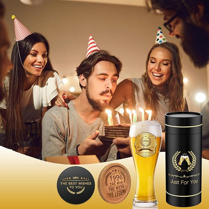 30th Birthday Beer Glasses Gifts, Personalized '1996' Vintage Glass Ware Set for Men, Black Gift Package with Drinking Glass, Coaster, and Card for 30 Years Old Man