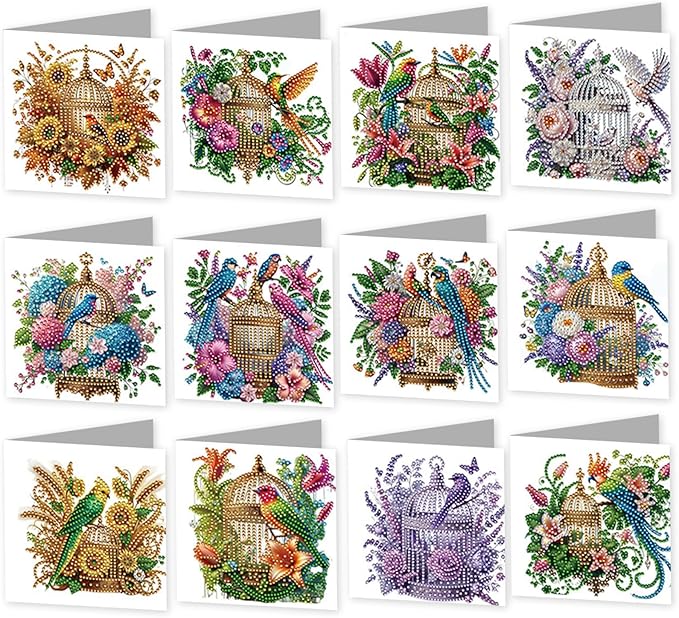 jinglinhh 12pcs Parrots Flower Birdcage Diamond Art Painting Greeting Cards with Envelopes, DIY Card Making Kits for Adults, Diamond Art Christmas Cards for Birthday Holiday Postcards Craft Gifts