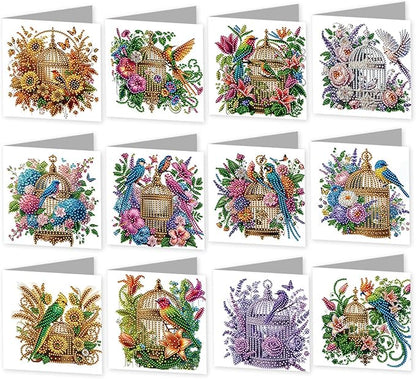 jinglinhh 12pcs Parrots Flower Birdcage Diamond Art Painting Greeting Cards with Envelopes, DIY Card Making Kits for Adults, Diamond Art Christmas Cards for Birthday Holiday Postcards Craft Gifts