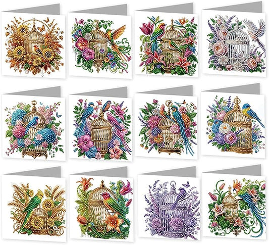 jinglinhh 12pcs Parrots Flower Birdcage Diamond Art Painting Greeting Cards with Envelopes, DIY Card Making Kits for Adults, Diamond Art Christmas Cards for Birthday Holiday Postcards Craft Gifts
