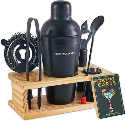 Modern Mixology Cocktail Shaker Set - 8 Piece Bartender Kit on Quality Pine Stand | Complete Cocktail Kit Gift Set | Top Bartender Gifts for Men | Leak Proof Design (Black)