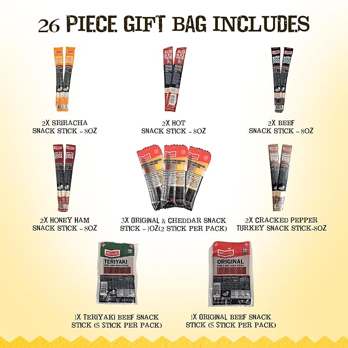 Jerky.com Gift Bag for Men | 26 Piece Meat Sticks Gift Basket with Beef Sticks, Pork, Turkey, Ham & Cheese Sticks | High Protein Snack Variety Pack | Christmas Gifts | Jerky Gifts for Men