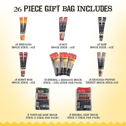 Jerky.com Gift Bag for Men | 26 Piece Meat Sticks Gift Basket with Beef Sticks, Pork, Turkey, Ham & Cheese Sticks | High Protein Snack Variety Pack | Christmas Gifts | Jerky Gifts for Men