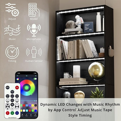 IRONCK Tall Bookcase with LED Lights, 70 in Industrial Bookshelves and Bookcases with Doors, 6 Shelf Display Storage Shelves Floor Standing for Home Office, Living Room, Bedroom