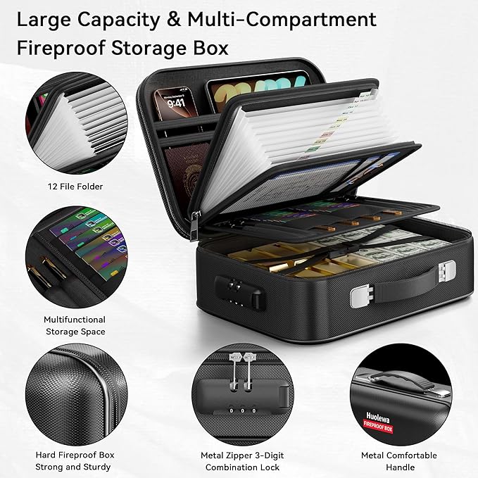Fireproof Document Box, Hard Case Fireproof Box with Lock, Portable Hard-Shell Fireproof Water Resistant Document Safe for Important Documents, Laptops, Passports, Files and More