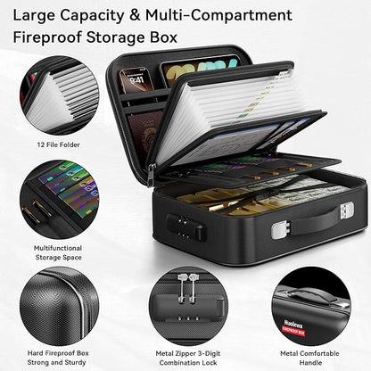 Fireproof Document Box, Hard Case Fireproof Box with Lock, Portable Hard-Shell Fireproof Water Resistant Document Safe for Important Documents, Laptops, Passports, Files and More
