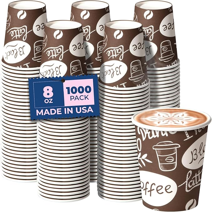 Fit Meal Prep 8 oz Coffee Cups 1000 Count, Leak-Proof Hot Cup, Disposable Paper Coffee Cup Bulk for Hot/Cold Beverage, Durable Thickened Paper Cups for Party, Office, Bussines, Home, Bistros